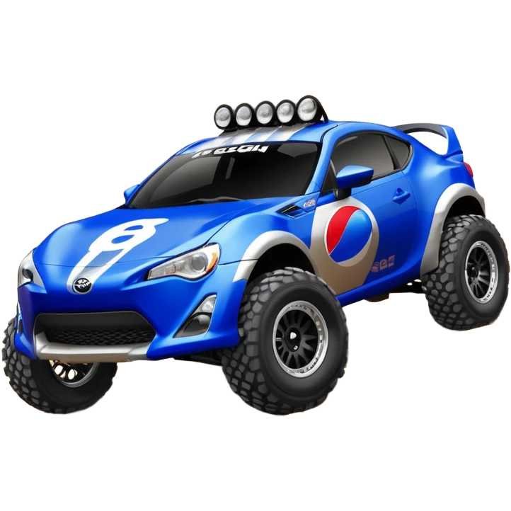 Dirty raced jacked 2013 scion fr-s ultramarine off road 4wd monster Baja dessert stadium racer number 86 with long travel suspension, shiny silver wheels, exaggerated black fender flares sponsored by Pepsi  emoji