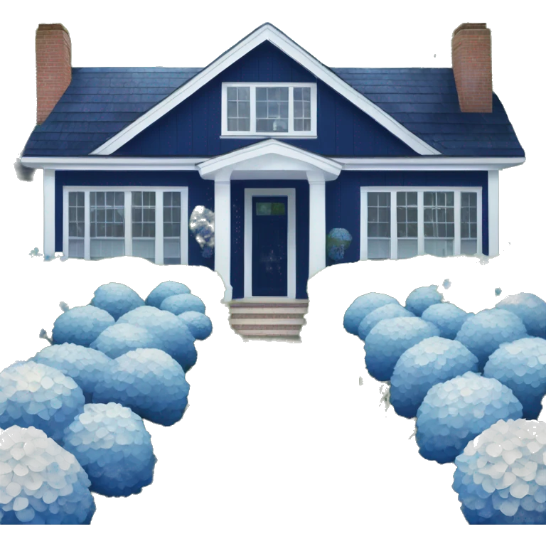 Navy blue shingle beach house with hydrangeas lining the drive way  emoji