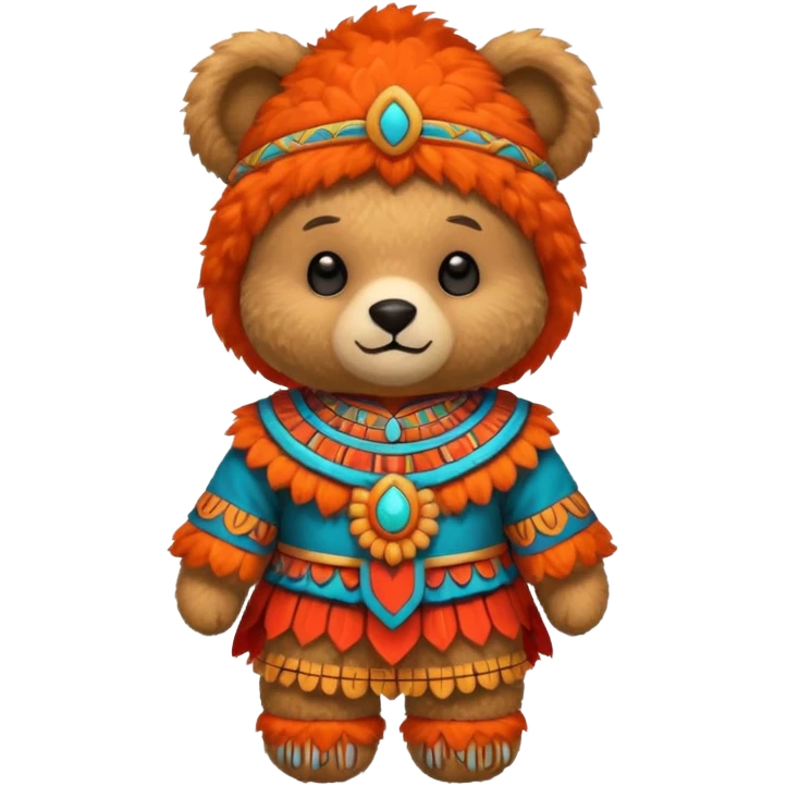 teddy bear Upper, wearing red mayan ancient custome, with carrot half body emoji