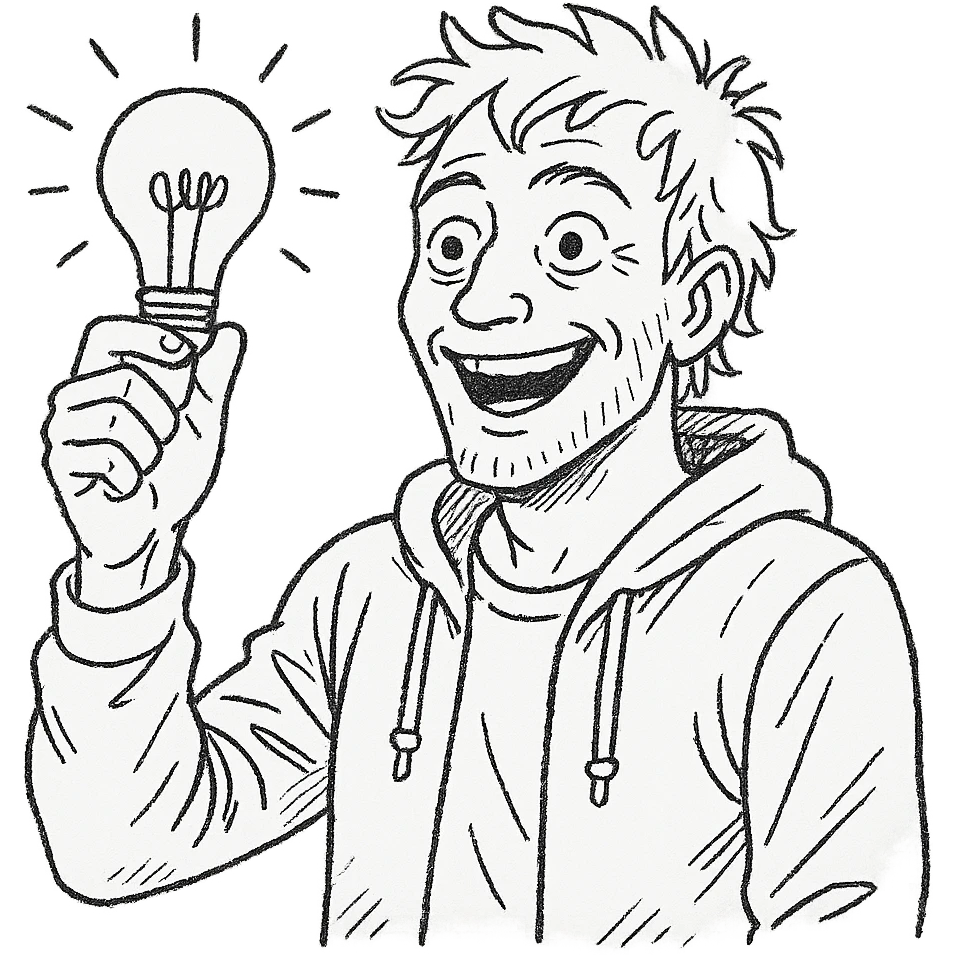 bright and expressive male visionary, fair skin, tousled golden hair, wide joyful eyes, wearing a green hoodie over a yellow tee, one hand raised with a glowing lightbulb, waist-up, front-facing emoji
