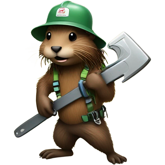 Beaver with dreadlocks in climbing gear with a chainsaw  emoji