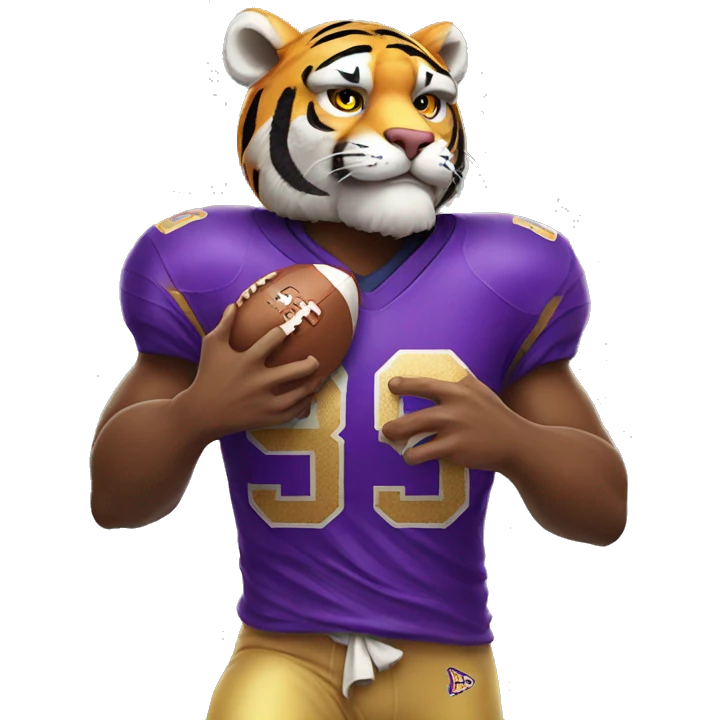 tiger wearing a purple/gold jersey holding a football emoji
