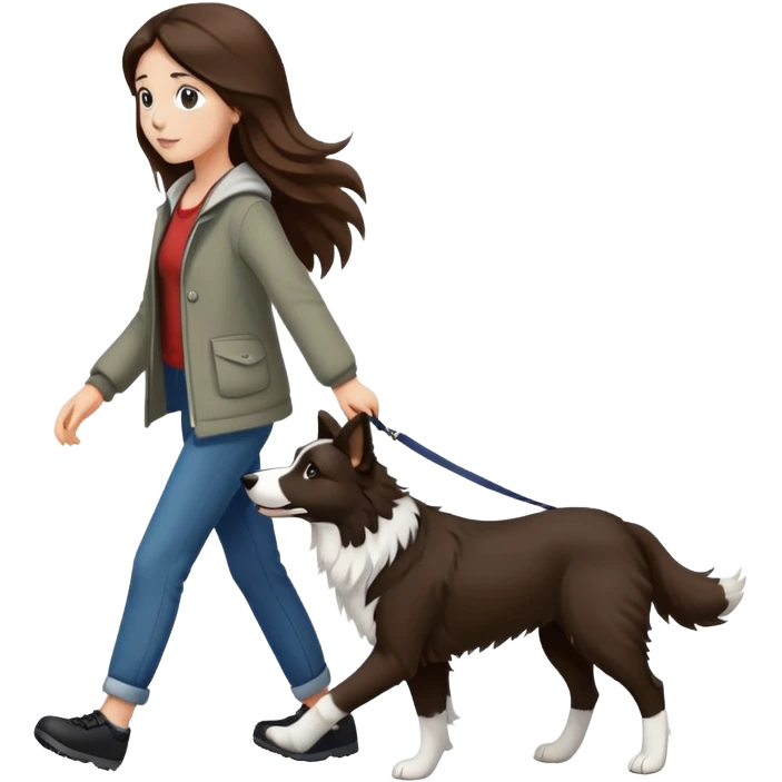 A beautiful girl with long brown hair walks a black and white Border Collie emoji
