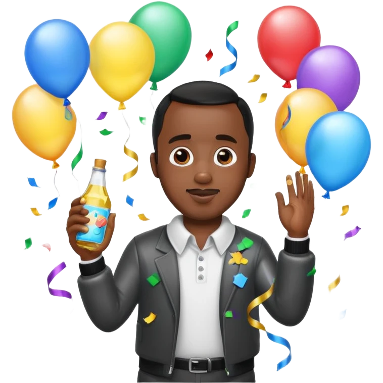 Diddy holding baby oil at a party with balloons and confetti and banners emoji