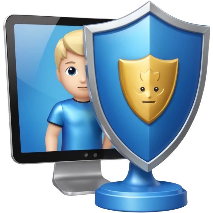 a computer screen with a shield and a child's figurine emoji