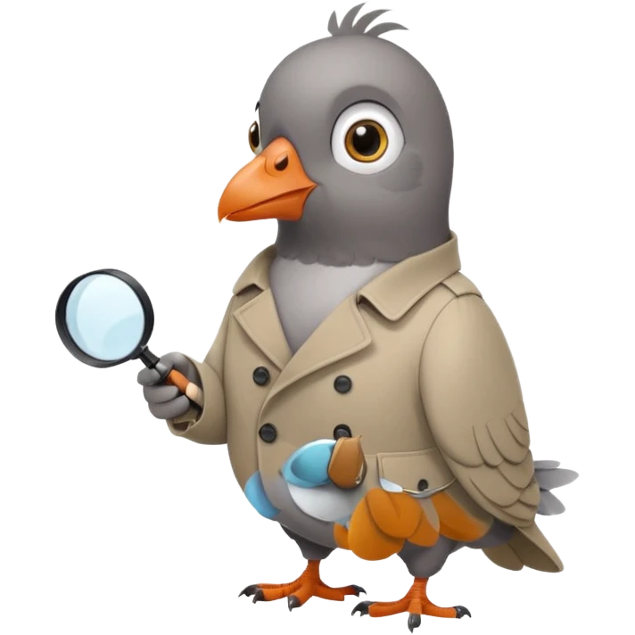 a cartoon pigeon with a trench coat and magnifying glass, looking sneaky emoji