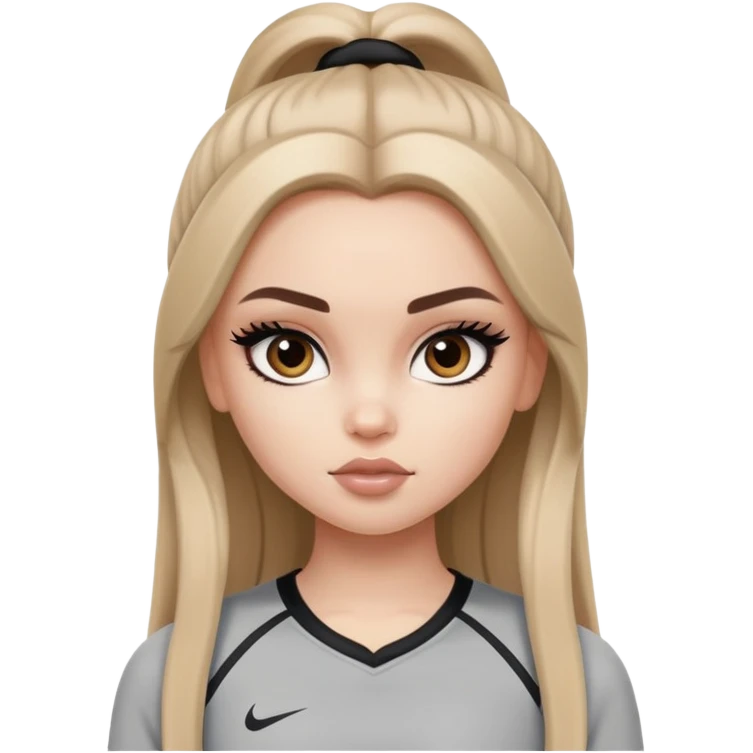 pretty bratz girl, long dark blonde hair, brown eyes, black eyeliner, pale skin, athletic clothes emoji