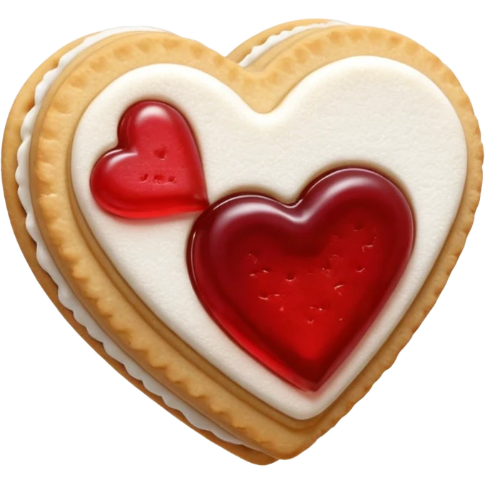Realistic shortbread cookie in the shape of a heart with red jelly middle filling and sprinkled powder sugar on top. emoji