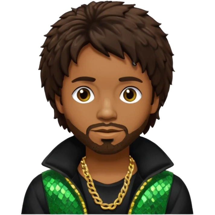 Shaggy, Reggae Rapper with dark brown hair, black sequin outfit emoji