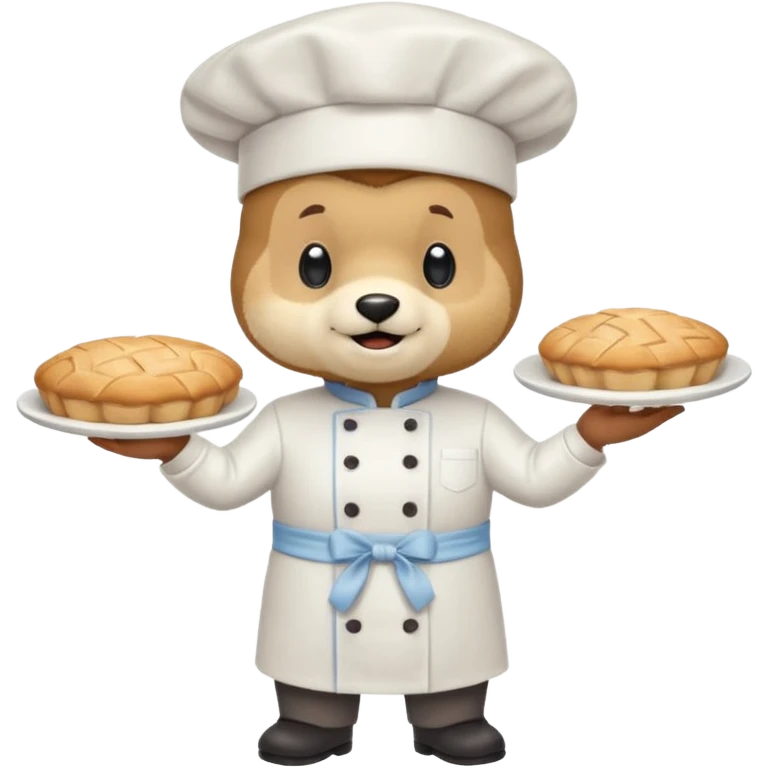 quiero un oso de pie con un delantal de pastelería y un gorrito de chef que una mano tenga una manga pastelera y este feliz divertido emoji