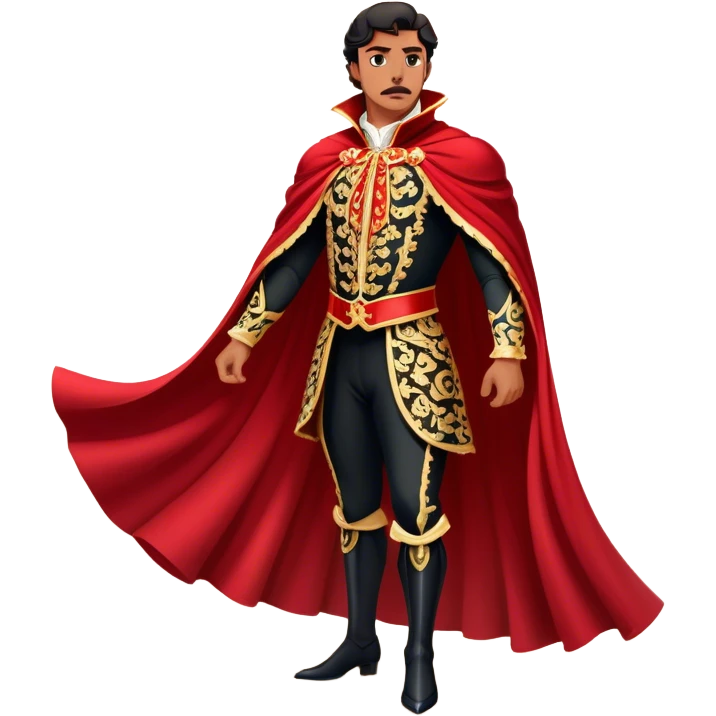 Spanish Matador – Cinematic Realistic Spanish Matador, portrayed in an ornate traje de luces with a flowing red cape, standing poised in a classic bullring with swirling dust and dramatic light, his intense expression and elegant stance capturing both bravery and artistry. emoji