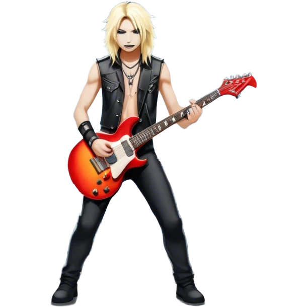 Icon for Heavy Metal: a metal band on stage, with electric guitars, drums, and a powerful vocalist. The atmosphere is intense with flashing lights, music notes, and a crowd of fans. The design should capture the energy and power of a live heavy metal performance. Transparent background. emoji