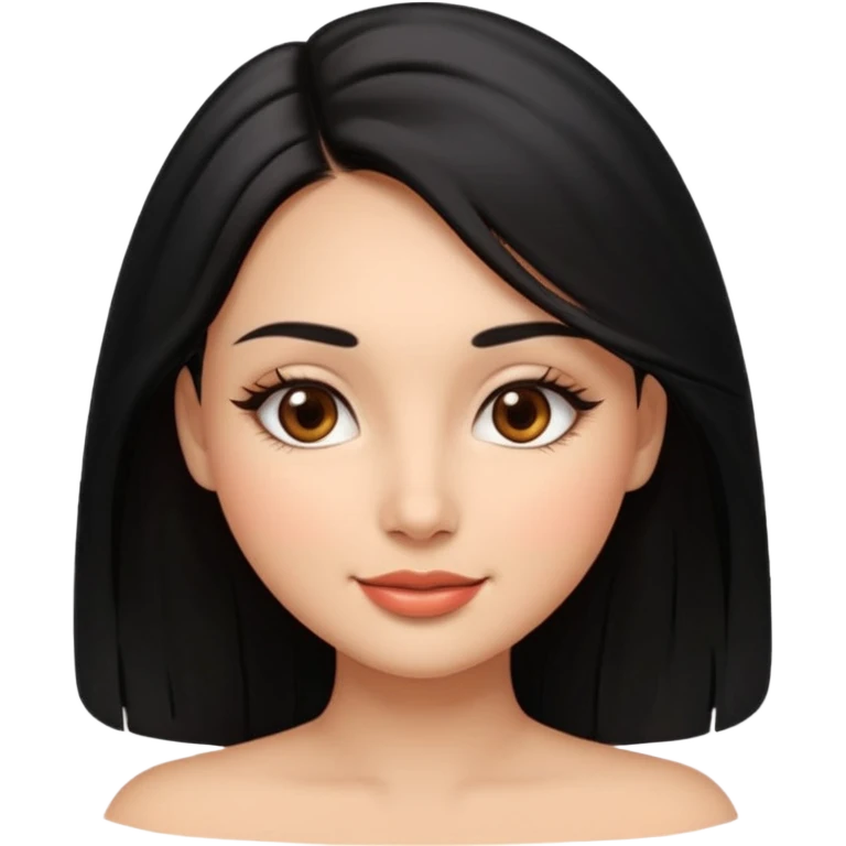 Feminine woman Softly rounded, healthy face — slightly curvy and feminine, not overweight.
Warm tan skin, brown eyes with long lashes, full glossy lips, gentle smile.
Shoulder-length black hair framing the face.
Clean, polished emoji look, soft shading, neutral background. emoji