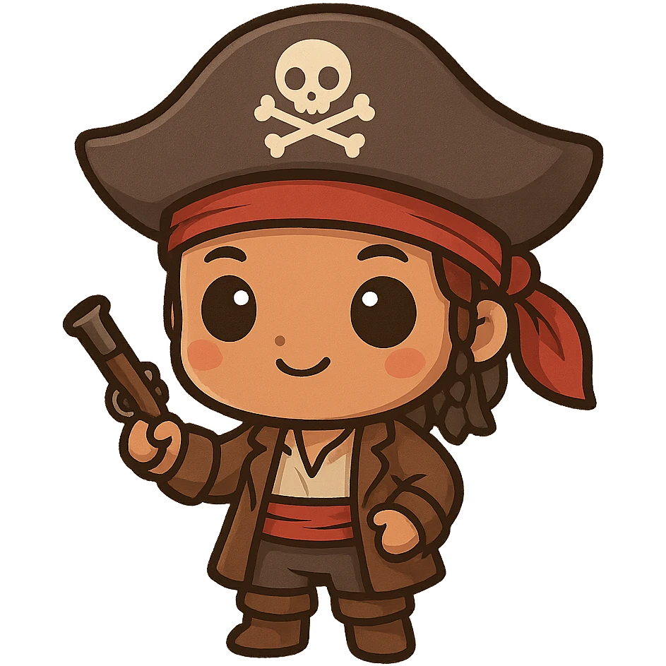 cute chibi style Caribbean pirate with round face, big eyes, wearing small pirate outfit emoji