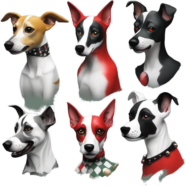 Punk dog Green gray black red punk dog joker as a dog Harley Quinn as a dog mime clown harlequin facepaint tattoos punk lurcher surrealism  emoji