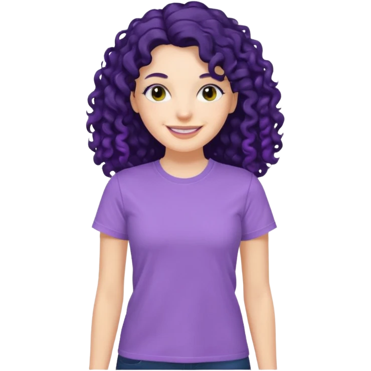 mujer blanca con cabello largo rizado negro sonriendo con camiseta lila emoji