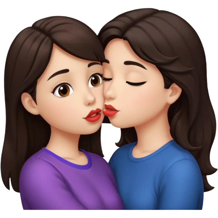 A girl kisses her friend The girls' hair color is dark brown.  emoji