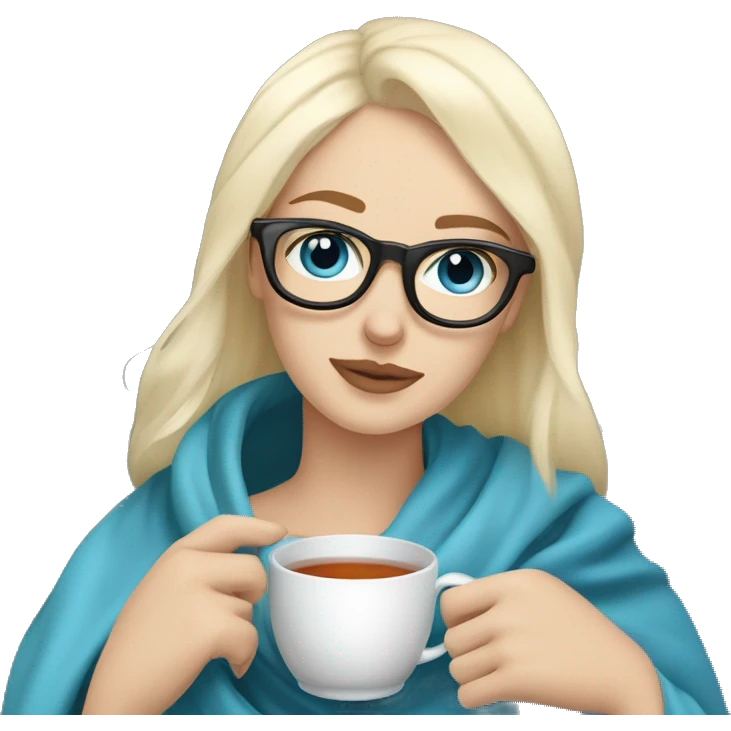 Pale blonde girl with blue eyes wearing glasses and pale man with short black hair and beard drinking tea under a blanket emoji