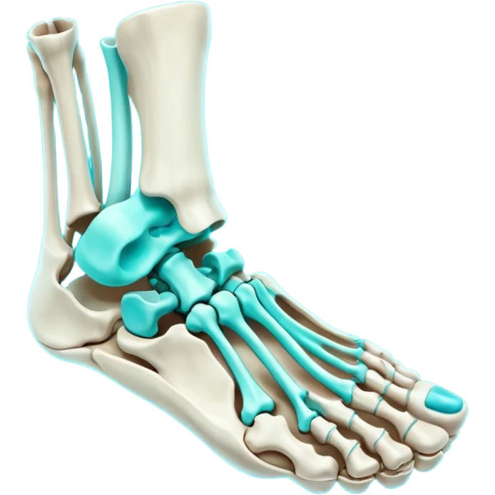 3D render of Foot Bones, X-Ray imaging aesthetic, translucent materials showing internal structure, top-down view of foot bones in cyan glow, medical scan style, emoji style, isolated on white background --v 6.0. emoji