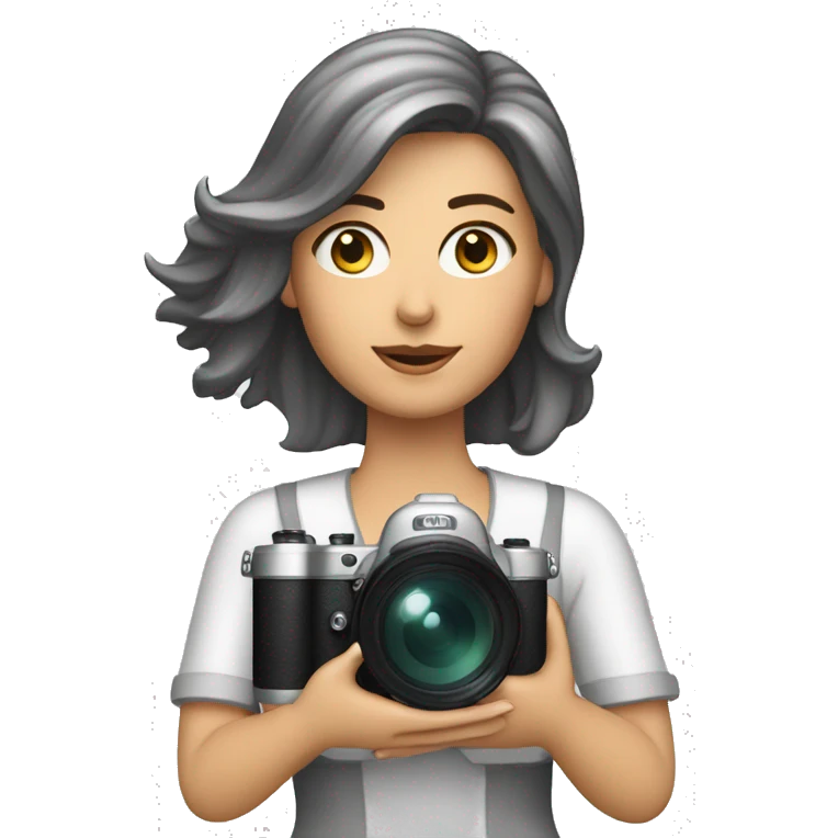 White film director woman holding a cinema camera. Change the woman to an armenian woman wil silver streaks in the front of her hair. emoji