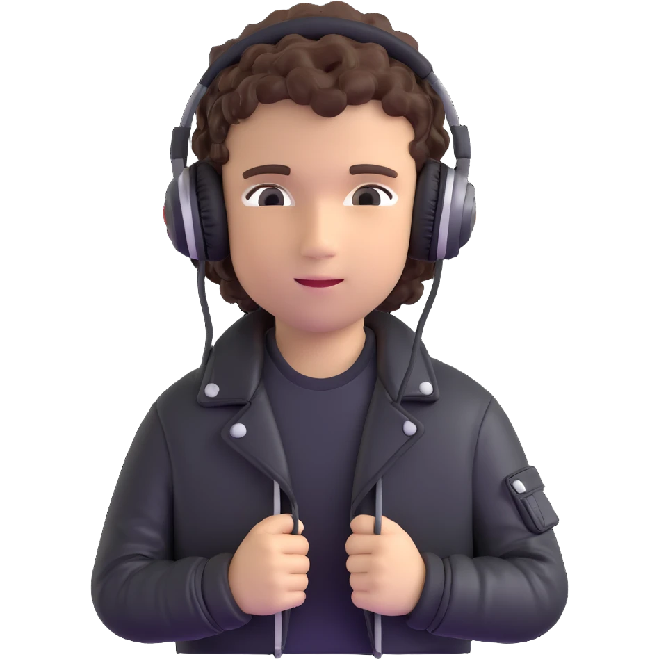 curly haired boy wearing a leather jacket and headphones music producer emoji