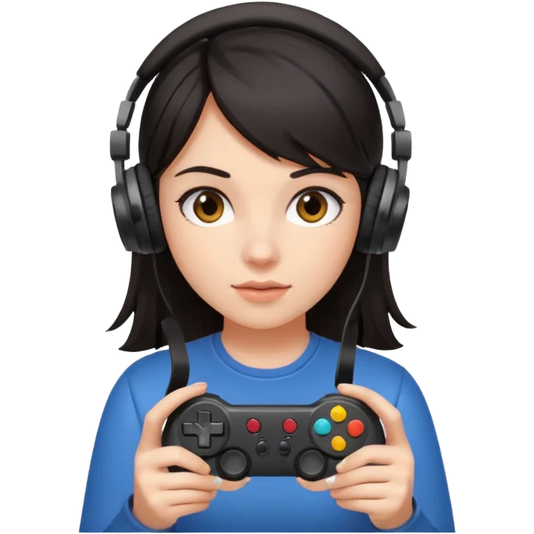 dark haired girl with headphones holding game controller emoji