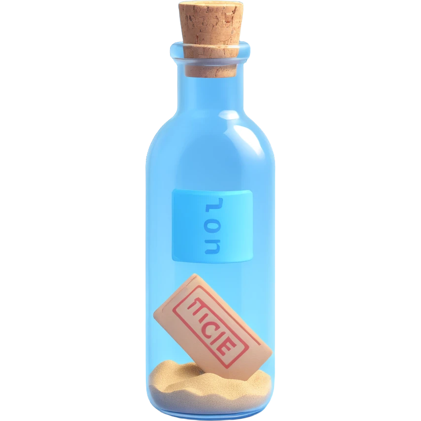 blue ticket rolled up inside a transparent bottle with cork on sand emoji