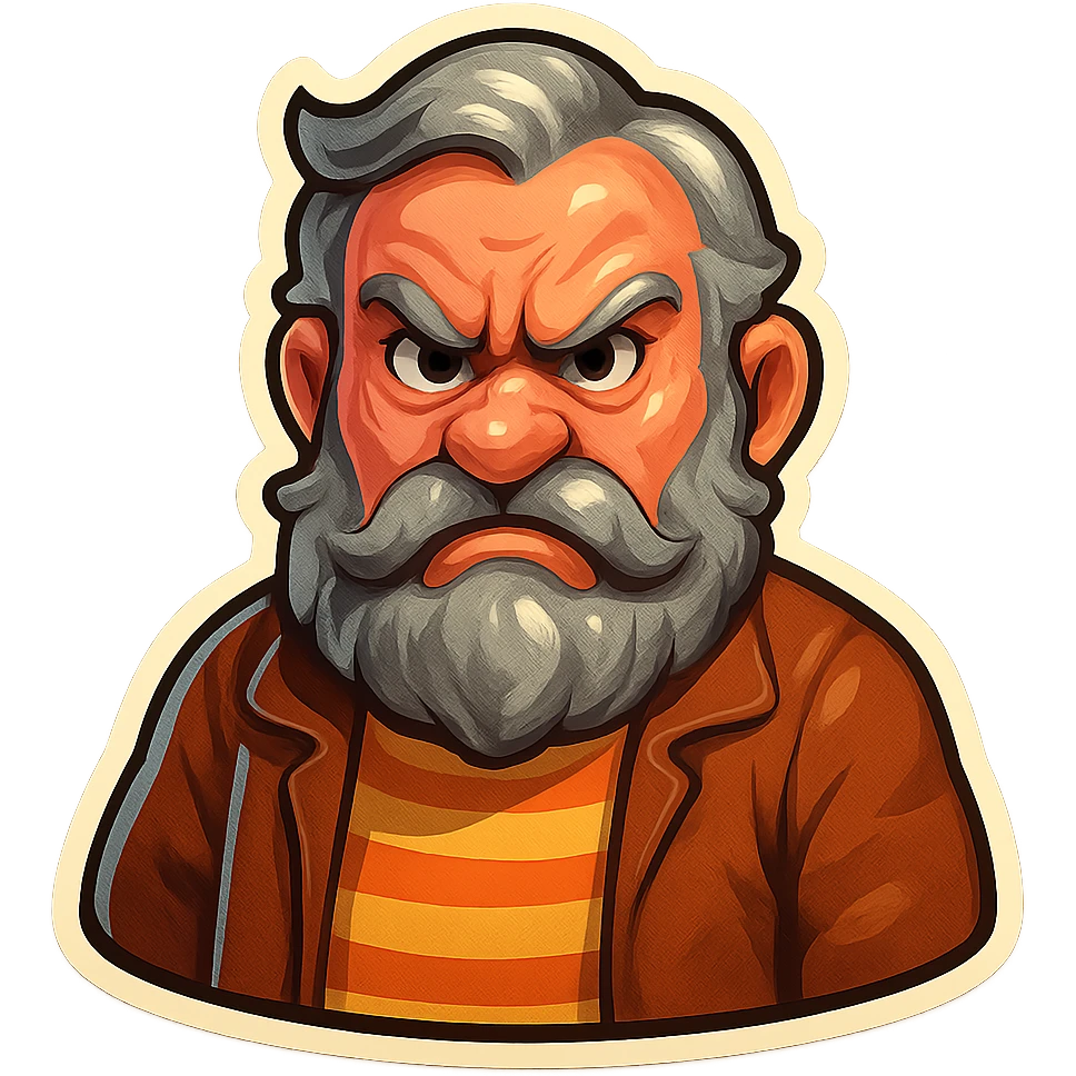 A dwarf with gray hair, a gray mustache, a gray beard, and gray eyebrows. He has blue eyes and wrinkles on his forehead. He is wearing a striped t-shirt and a brown jacket. The dwarf is displaying an anger emotion. emoji