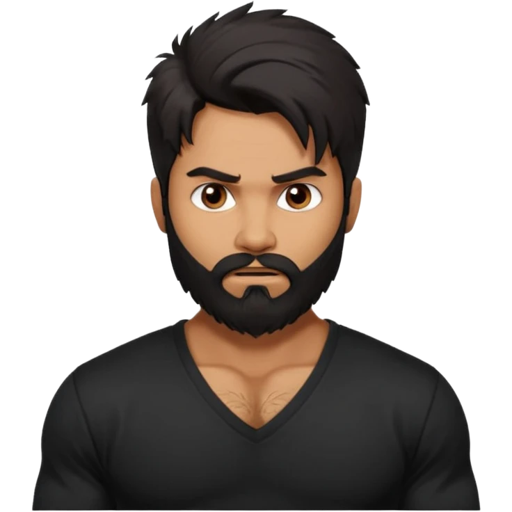 generate a pretty bratz Shahid kapoor with heavy beard and looking angry.
Make him wear a black full sleeve v neck tshirt. muscular but still lean
He shoudl look exactly like Shahid kapoor. Long messy black hair emoji