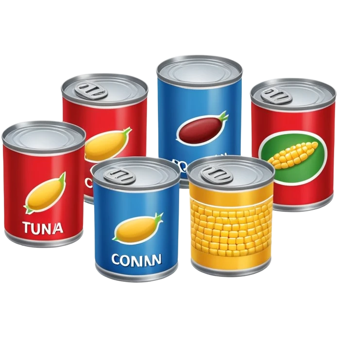 Four different canned food items in a row, soup can, beans can, corn can, tuna can emoji