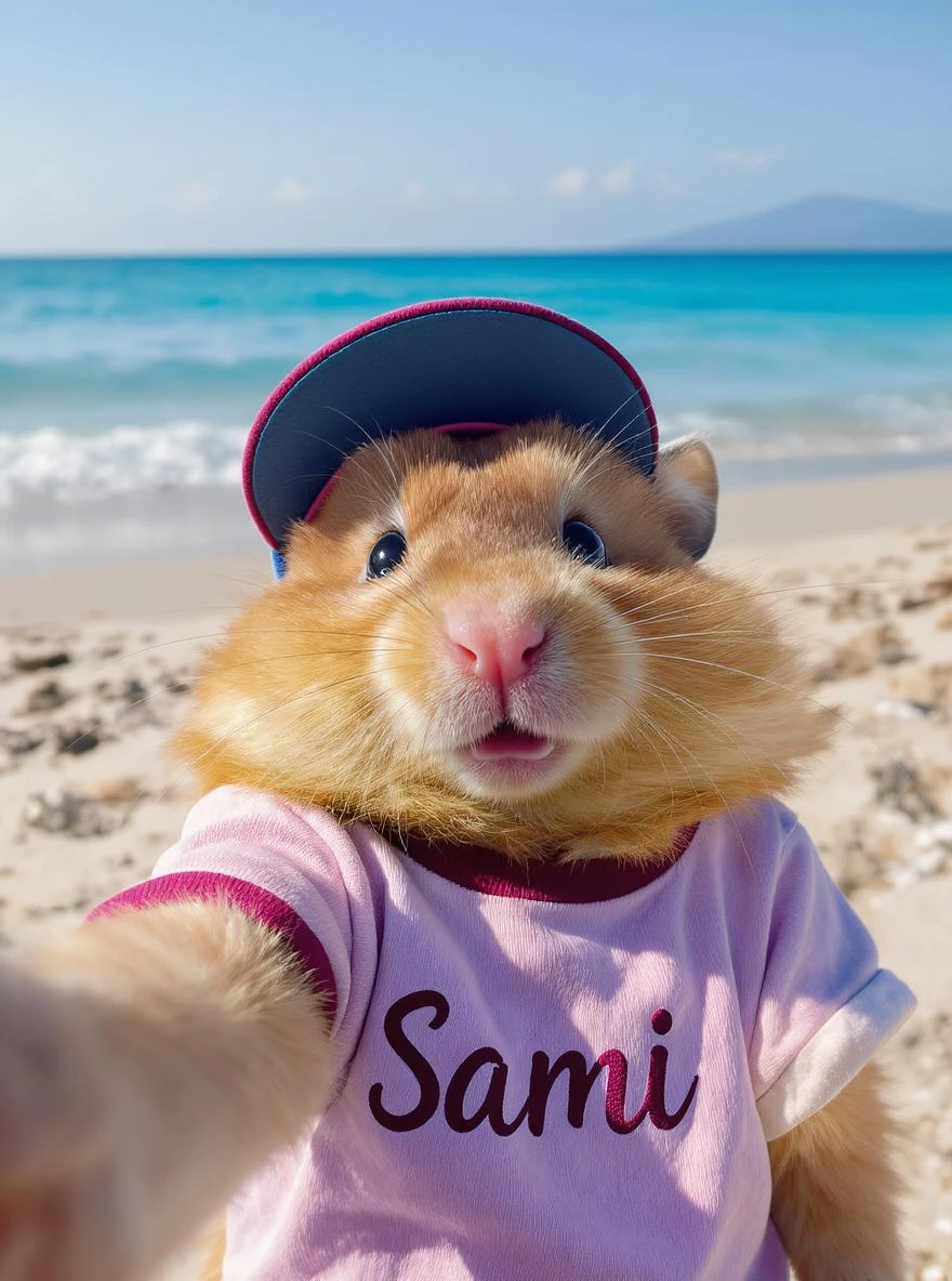 Orange tabby hamster in a t-shirt saying "Sami" and cap taking selfies against the background of beach and blue sea, shot with an 85 mm f/11 lens, ISO 100, 8K RAW, no blur emoji