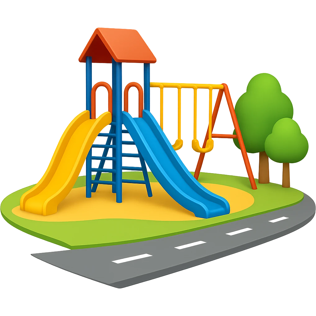 Emphasize the street and reduce the number of trees in the image. The style should resemble emoji style with a transparent background. emoji
