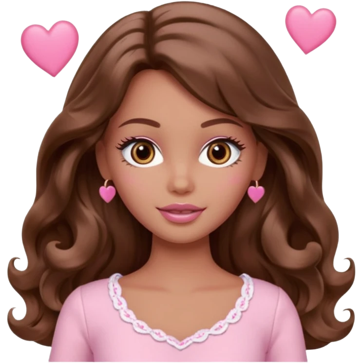 Barbie girl brown long wavy hair and brown eyes is In pale pink clothes There are pink hearts all around emoji