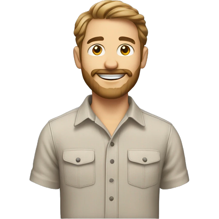 Man with light skin, Caucasian, shoulder-length wavy light brown hair, beard, mustache, friendly smile, wearing a casual button-down shirt. emoji
