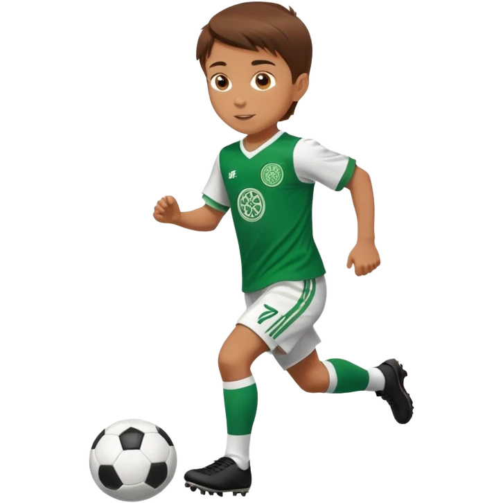 Brown hair 6 years old boy footballer RUNNING playing soccer wearing celtic uniform ( jersey) # 17 in the jersey !  emoji