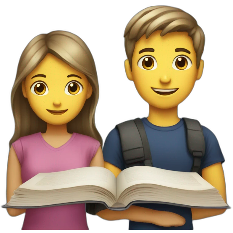 boy and girl of seven years old with an English textbook emoji