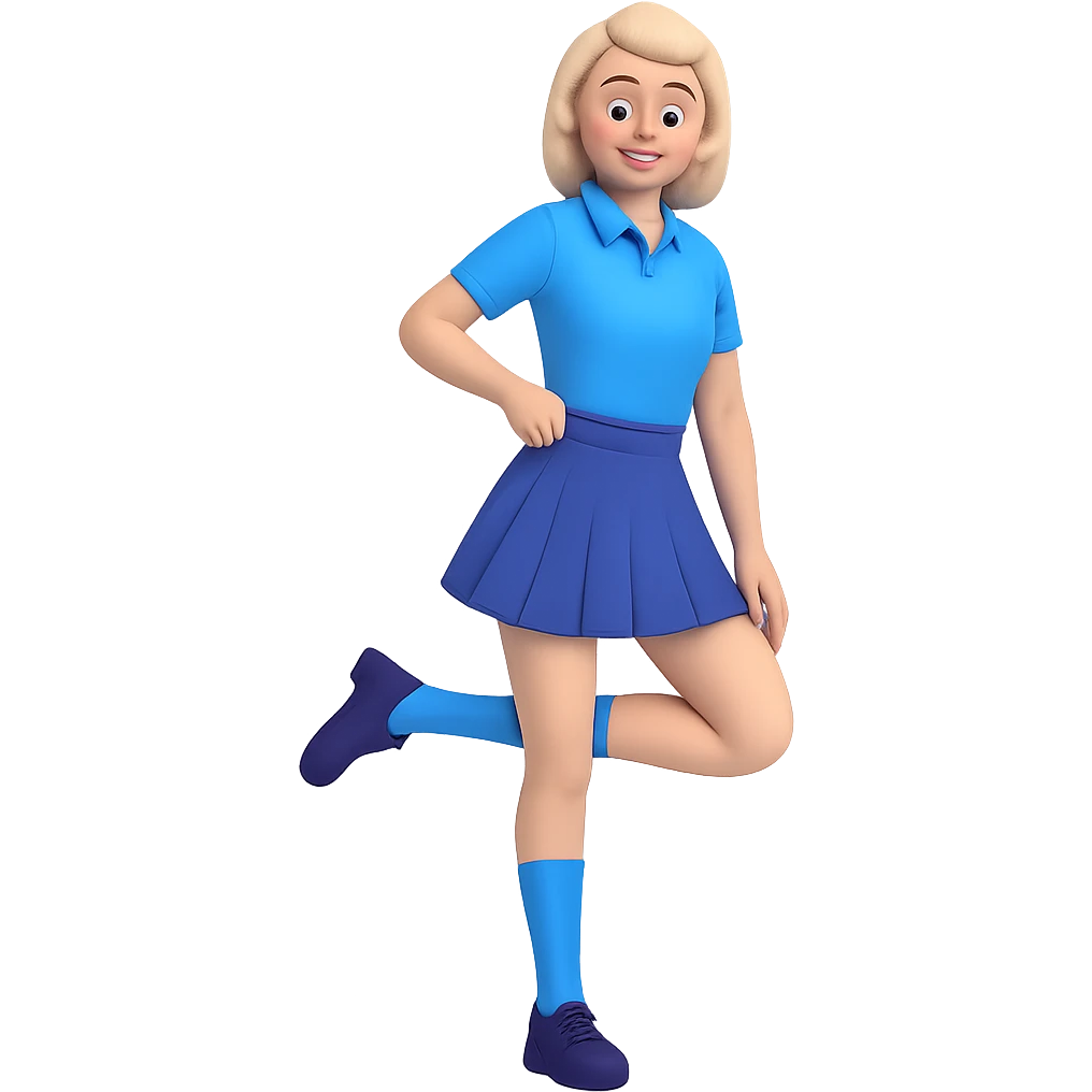 Make the blue school skirt even shorter, knees showing, playful and bold, with no background. emoji