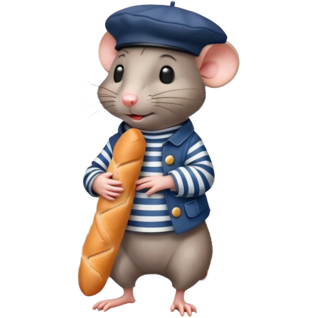 Rat wearing a beret and striped shirt holding a baguette with Eiffel Tower in background emoji