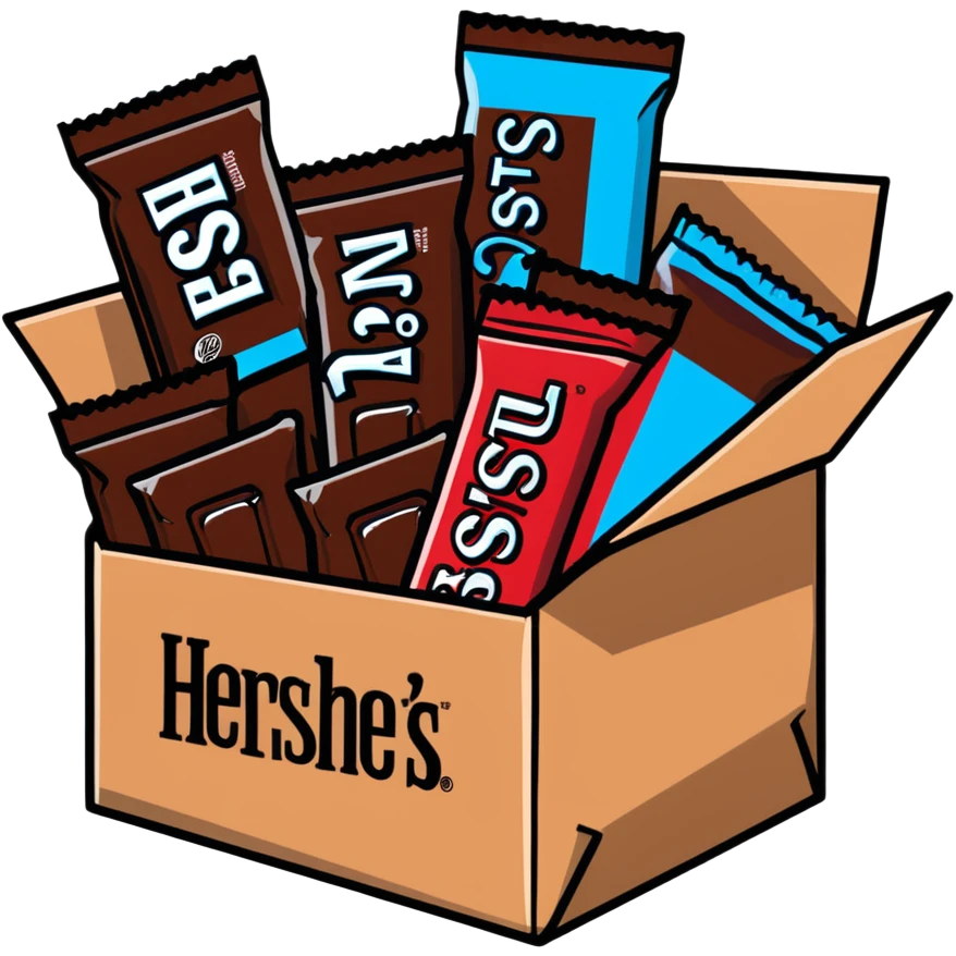 cardboard box full of wrapped Hershey's chocolate bars emoji