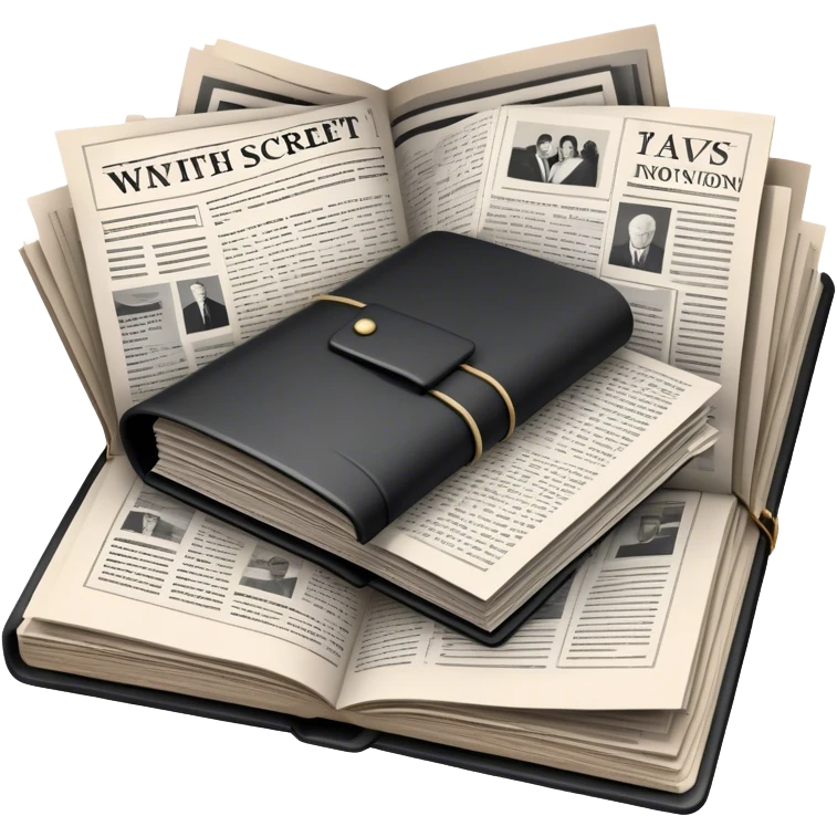 Icon for Non-Fiction & Narrative Reading: an open book with black-and-white photos on the pages, surrounded by a pile of newspaper clippings, and an open folder with top-secret documents. The icon should reflect the blend of real stories and facts in non-fiction literature. Transparent background. emoji