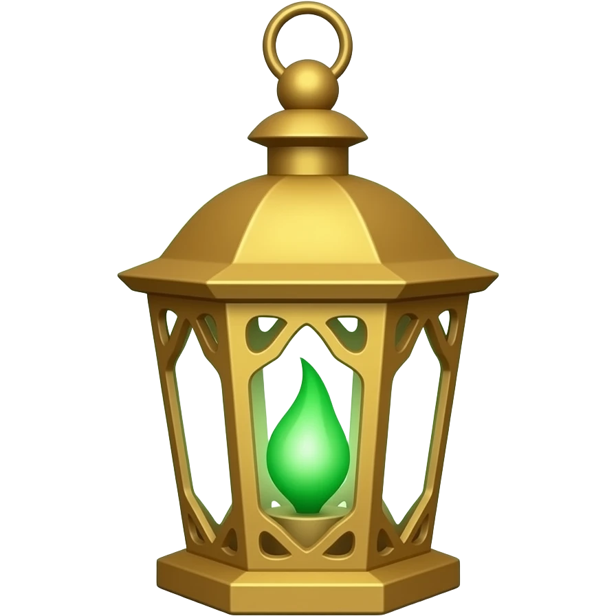 A golden hanging lantern with a emerald green flame, no wire or chain, fae filigree worked into the design, but simple emoji