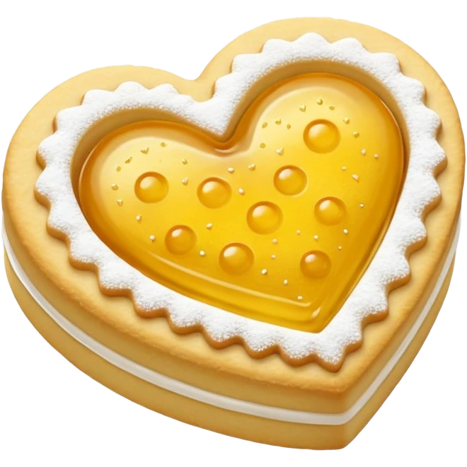Realistic shortbread cookie in the shape of a heart with color of lemon jelly middle filling and sprinkled powder sugar on top. emoji