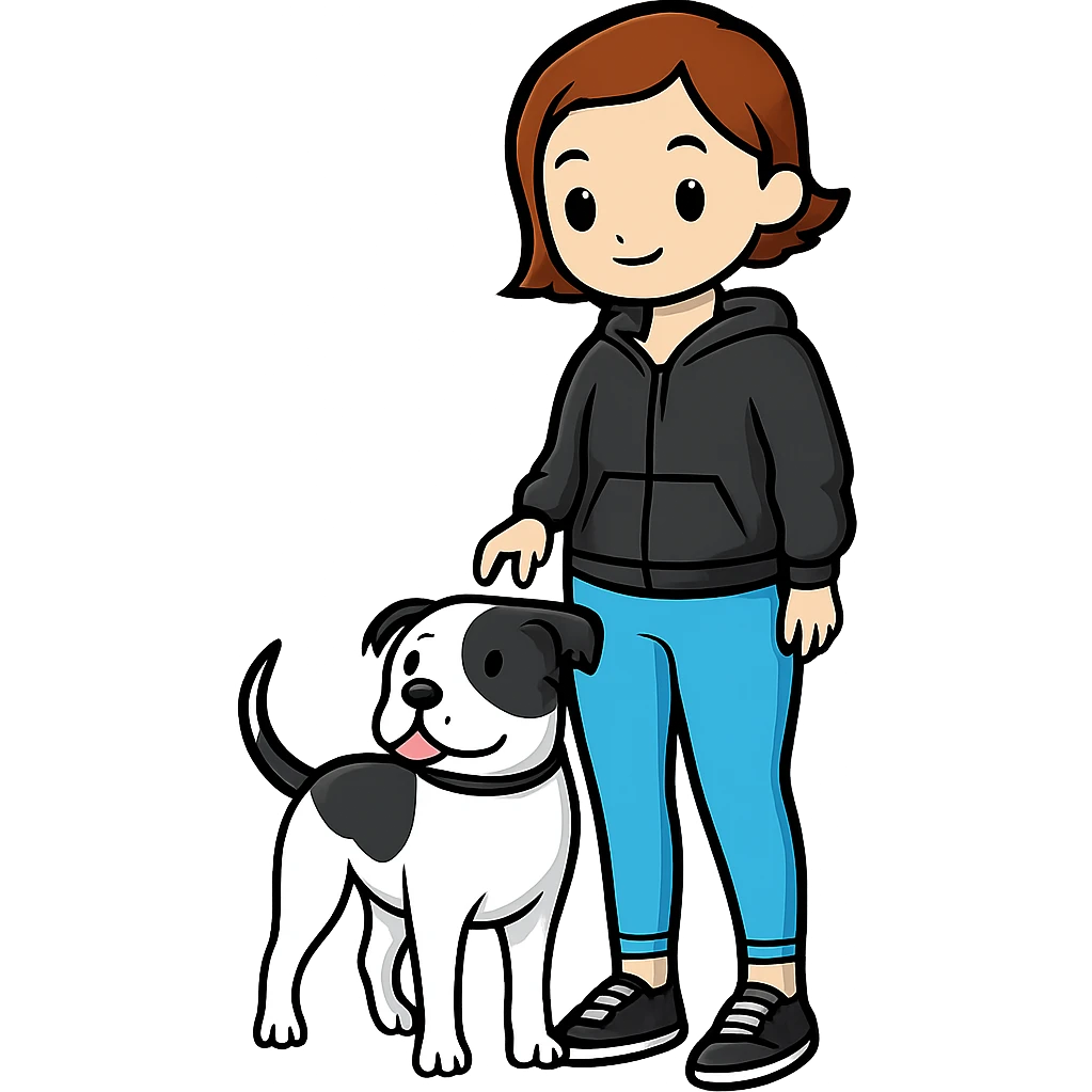 Make the pitbull black and white while keeping the woman and the overall style the same. Remove the background. emoji