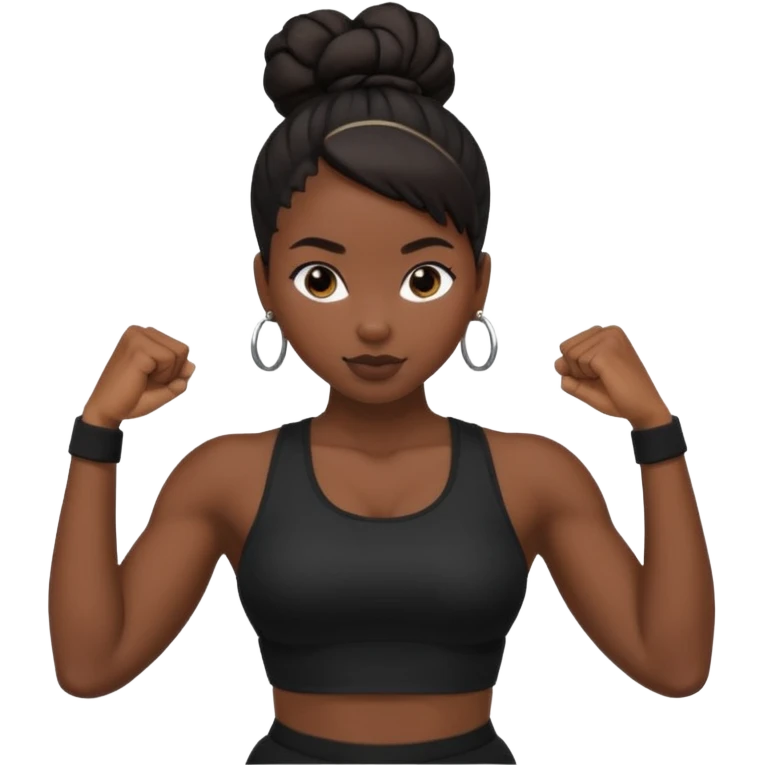 Uma mulher preta com 1 coque alto e roupa preta de academia e fazendo pose mostrando o músculo de um dos braços emoji