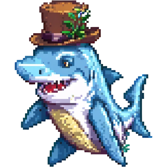 pixel art shark in a tophat, smiling emoji