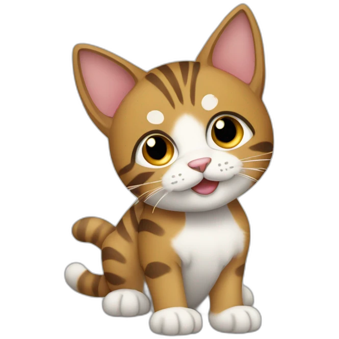 A tabby cat with white paw tips full body tilting it’s head emoji