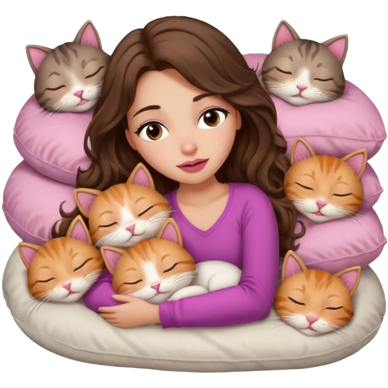 girl with long wavy brown hair, brown eyes, long lashes makeup, sexy pink lips, light to medium complexion,  sleeping on a cozy pillow, with 6 cats, sleeping emoji