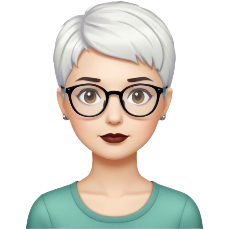 White woman with short pixie white hair glasses, dark brows emoji