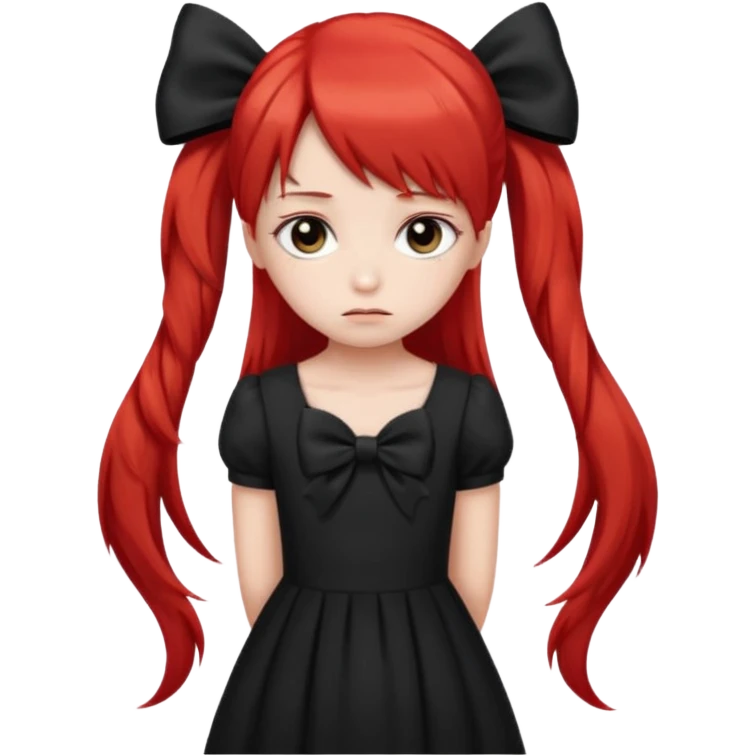 red long twin tail hair girl with black bow on her hair wearing black dress with a sad face emoji