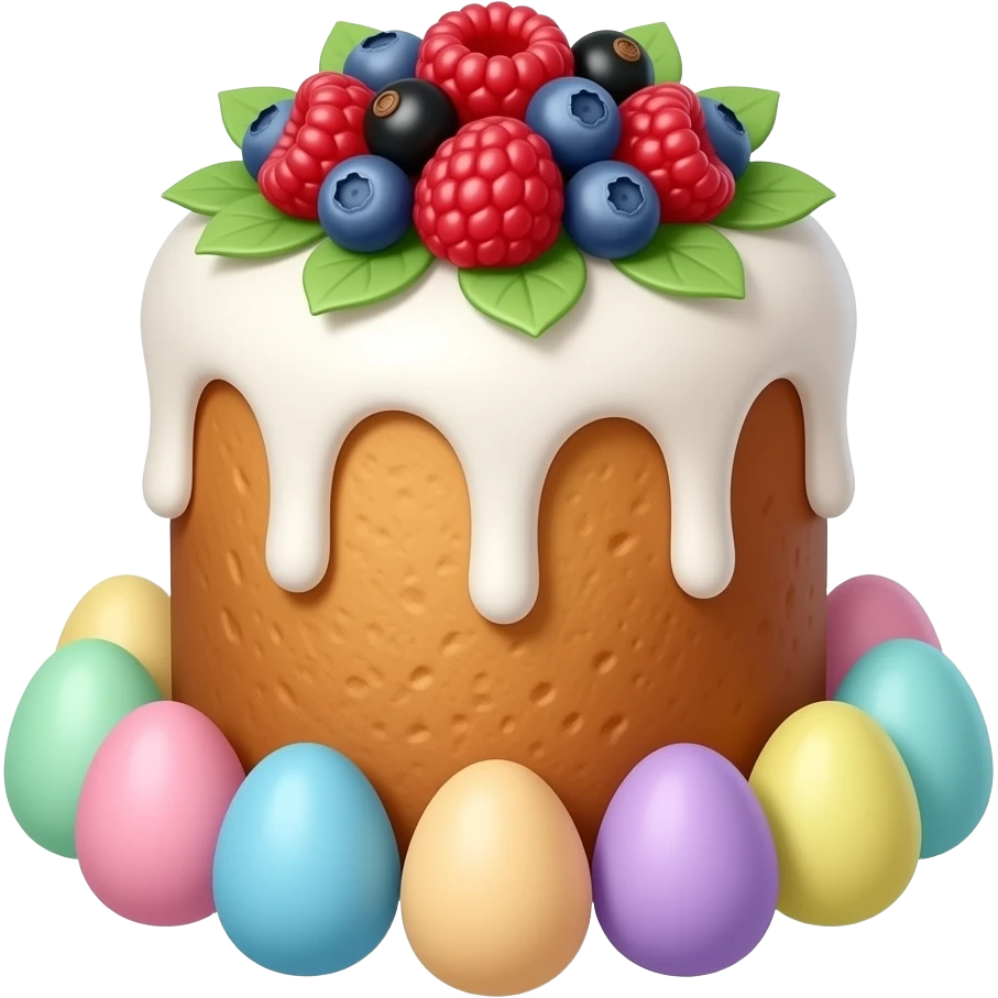 панеттоне золотистого цвета, высокий, с белой глазурью и украшением сверху из ягодок малины, грозди смородины красной черной, черники, зелеными лепестками, с перепелиными  яйцами пастельных тонов вокруг паннктоне emoji